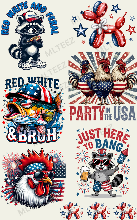RED, WHITE, AND FERAL (RACCOON) PREMADE GANGSHEET  - 22X36  DTF TRANSFERS - DIRECT TO FILM
