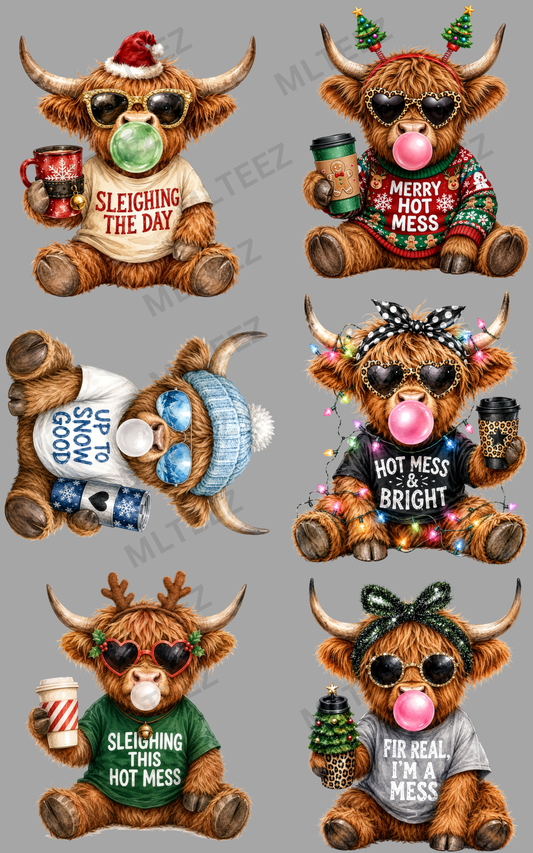 SLEIGHING THE DAY - HIGHLAND COWS (1) PREMADE GANGSHEET - 22X36 DTF TRANSFERS - DIRECT TO FILM