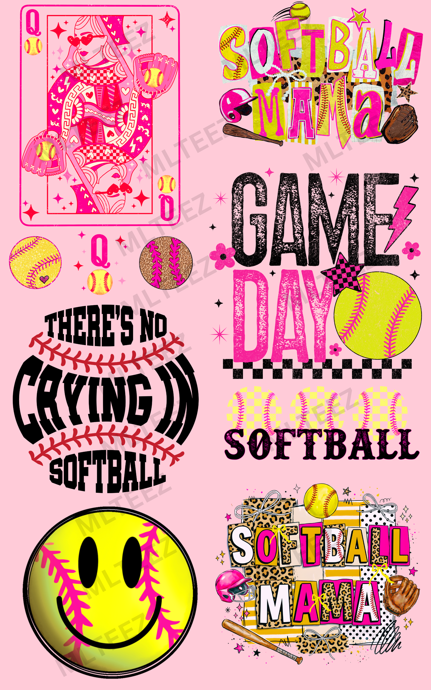 SOFTBALL (6) PREMADE GANGSHEET - 22X36 DTF TRANSFERS - DIRECT TO FILM