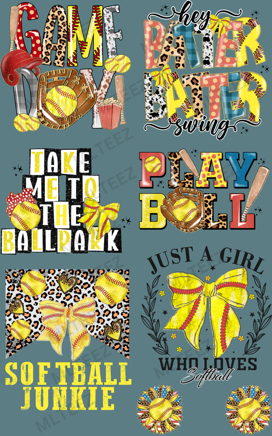 SOFTBALL GAME DAY (1) PREMADE GANGSHEET - 22X36 DTF TRANSFERS - DIRECT TO FILM