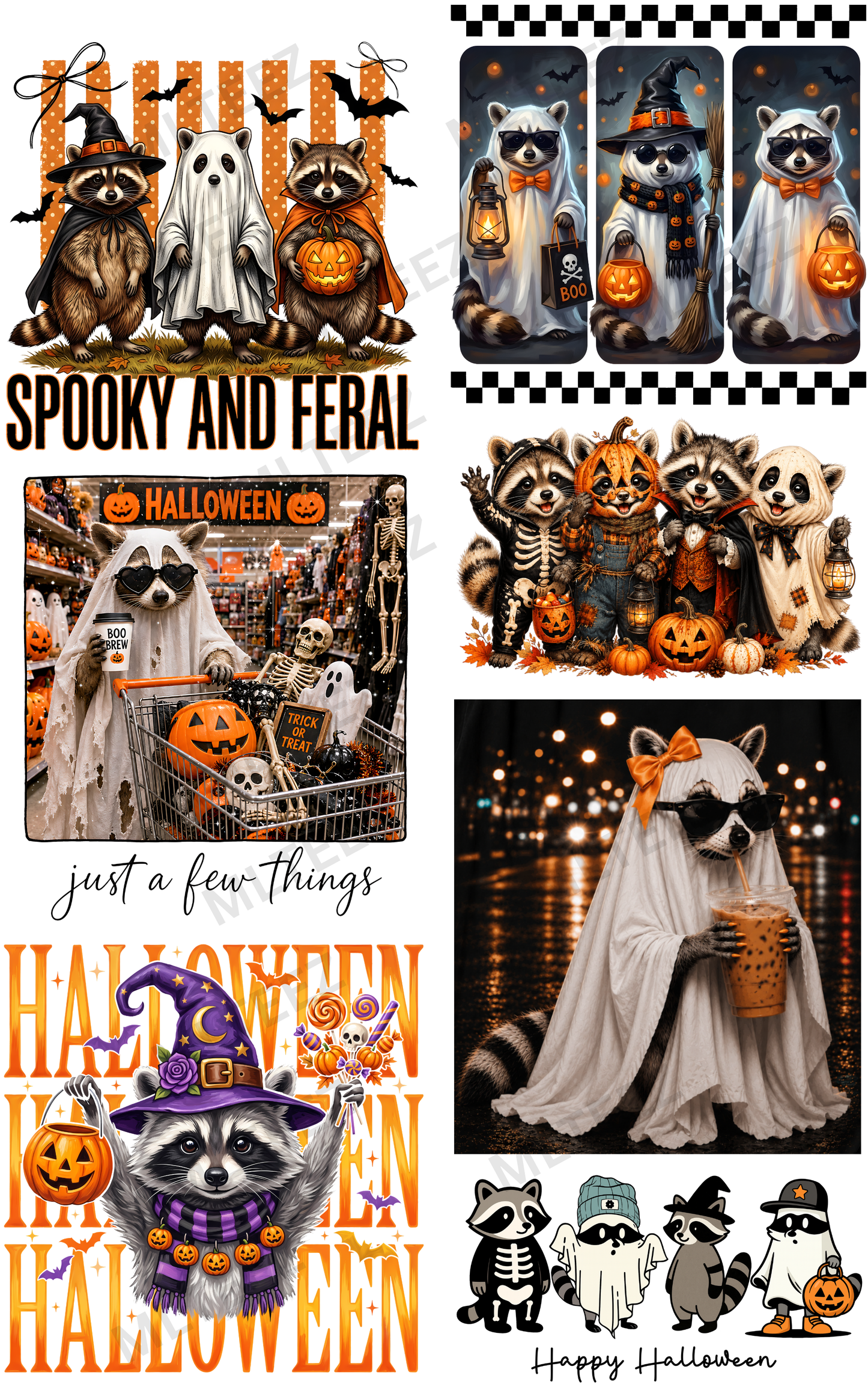 SPOOKY AND FERAL RACCOONS (1) PREMADE GANGSHEET - 22X36 DTF TRANSFERS - DIRECT TO FILM