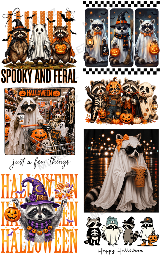 SPOOKY AND FERAL RACCOONS (1) PREMADE GANGSHEET - 22X36 DTF TRANSFERS - DIRECT TO FILM