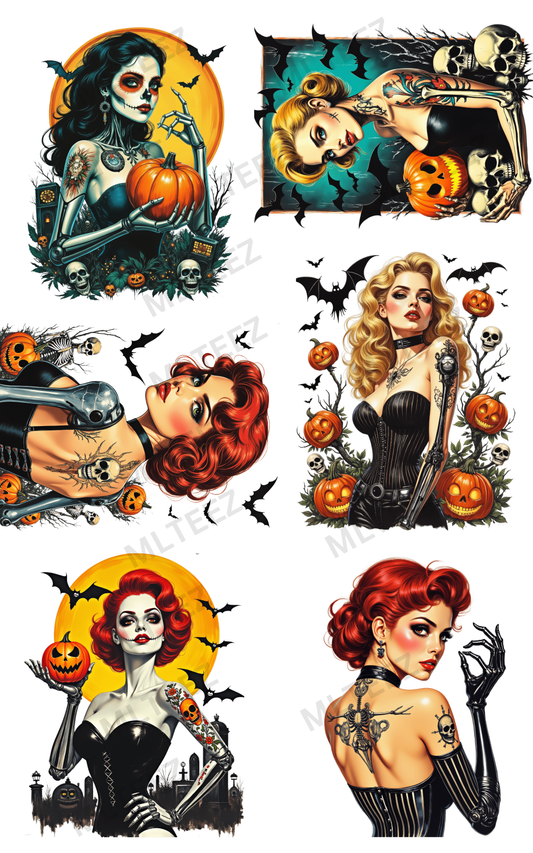 SPOOKY PINUPS (1) PREMADE GANGSHEET - 22X36 DTF TRANSFERS - DIRECT TO FILM