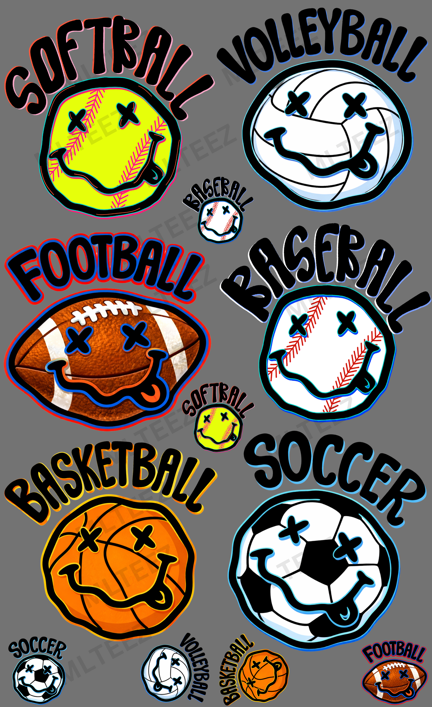 SPORTS HAPPY FACES PREMADE GANGSHEET - 22X36 DTF TRANSFERS - DIRECT TO FILM