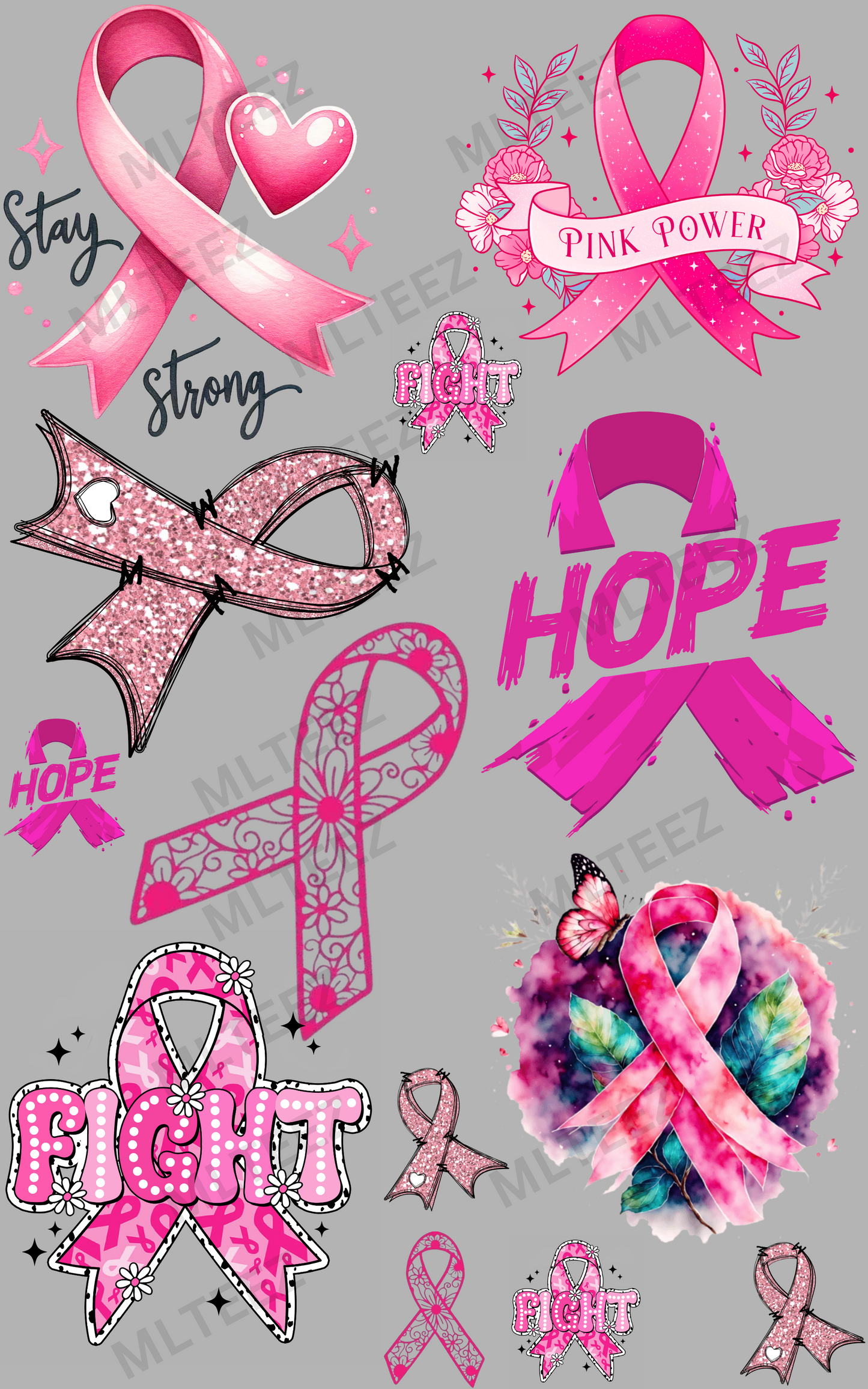 STAY STRONG PINK RIBBONS PREMADE GANGSHEET  - 22X36  DTF TRANSFERS - DIRECT TO FILM