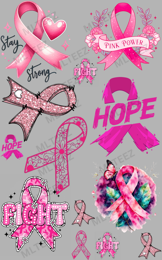 STAY STRONG PINK RIBBONS PREMADE GANGSHEET  - 22X36  DTF TRANSFERS - DIRECT TO FILM