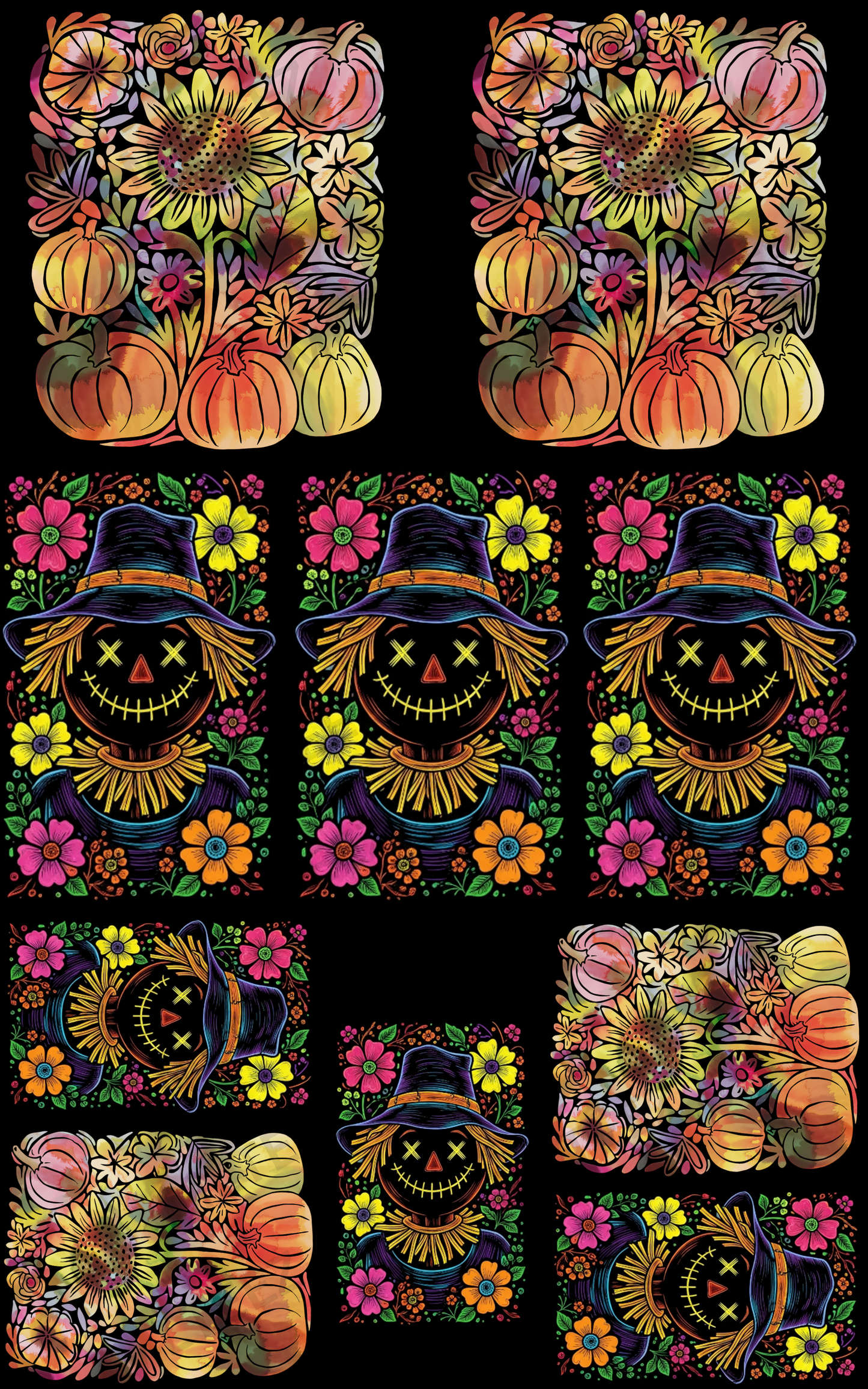 SUNFLOWERS & SCARECROWS (1) PREMADE GANGSHEET - 22X36 DTF TRANSFERS - DIRECT TO FILM