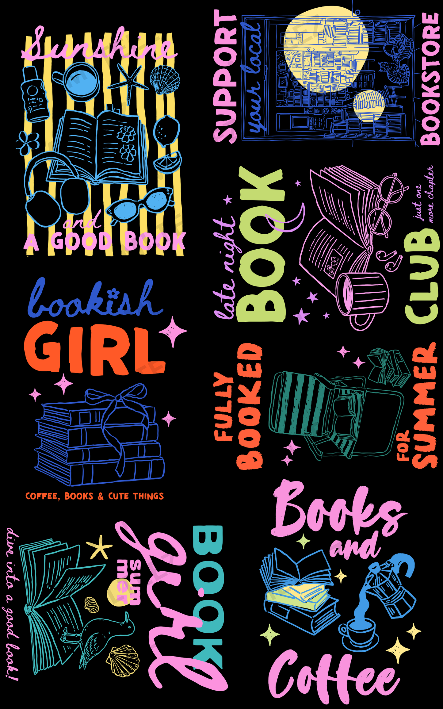 SUNSHINE AND A GOOD BOOK (1) PREMADE GANGSHEET - 22X36 DTF TRANSFERS - DIRECT TO FILM