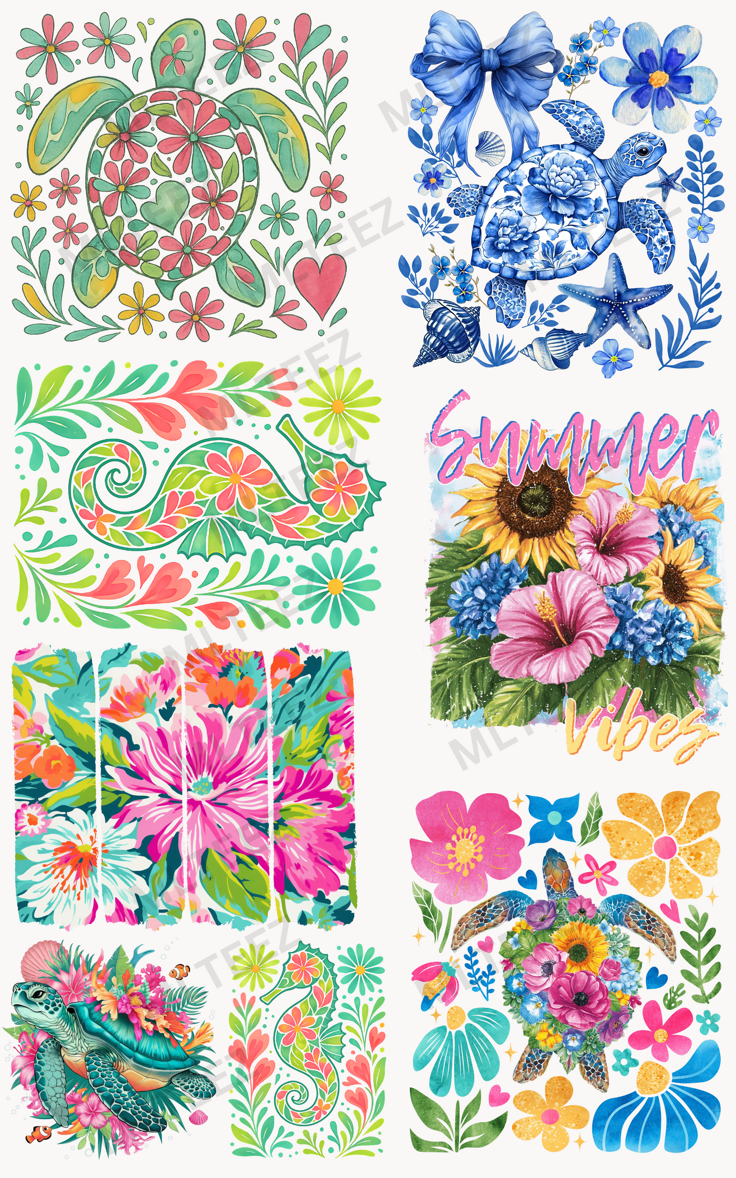 BOHO TURTLE SUMMER PREMADEGANGSHEET  - 22X36  DTF TRANSFERS - DIRECT TO FILM
