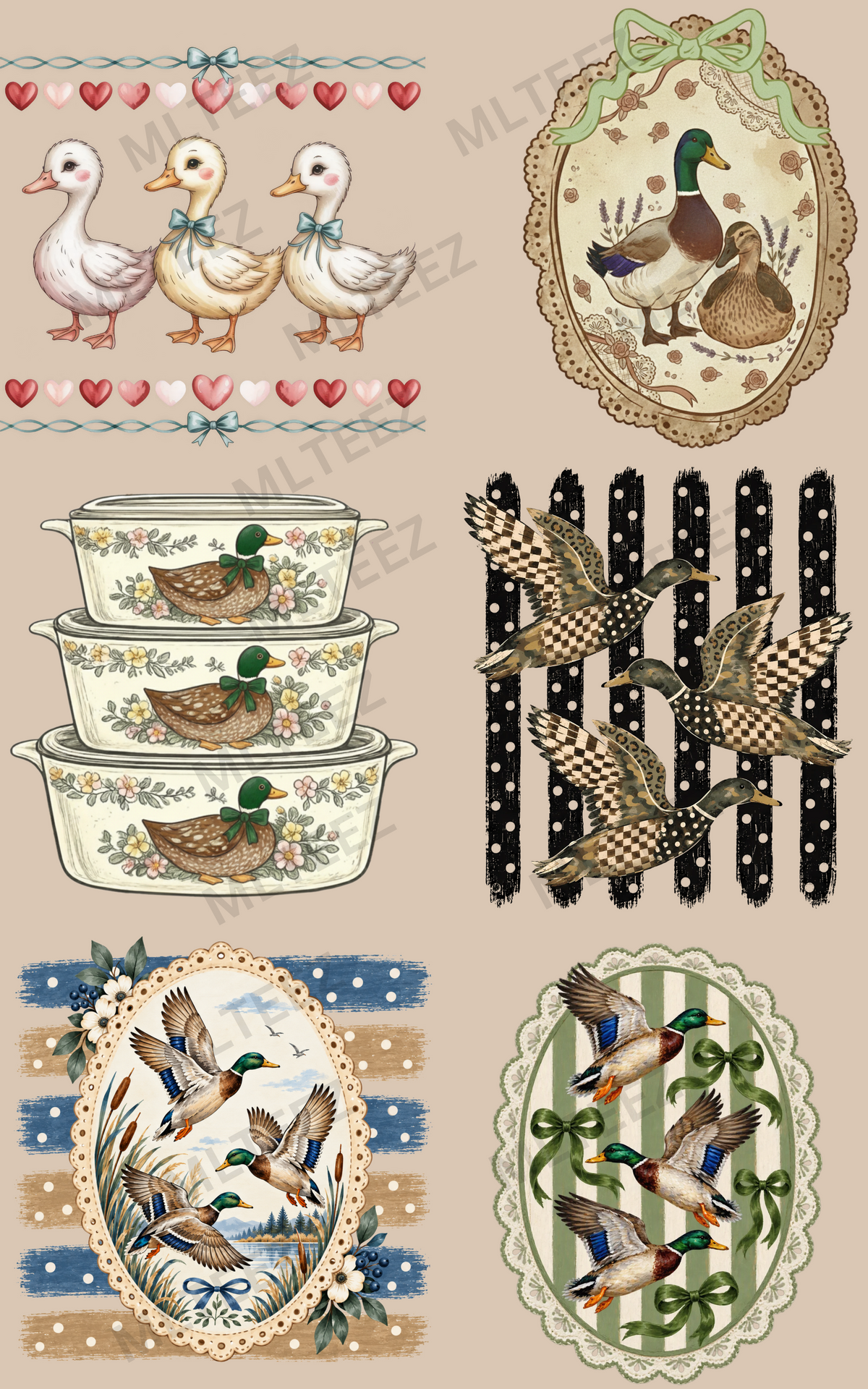 VINTAGE DUCKS (1) PREMADE GANGSHEET - 22X36 DTF TRANSFERS - DIRECT TO FILM
