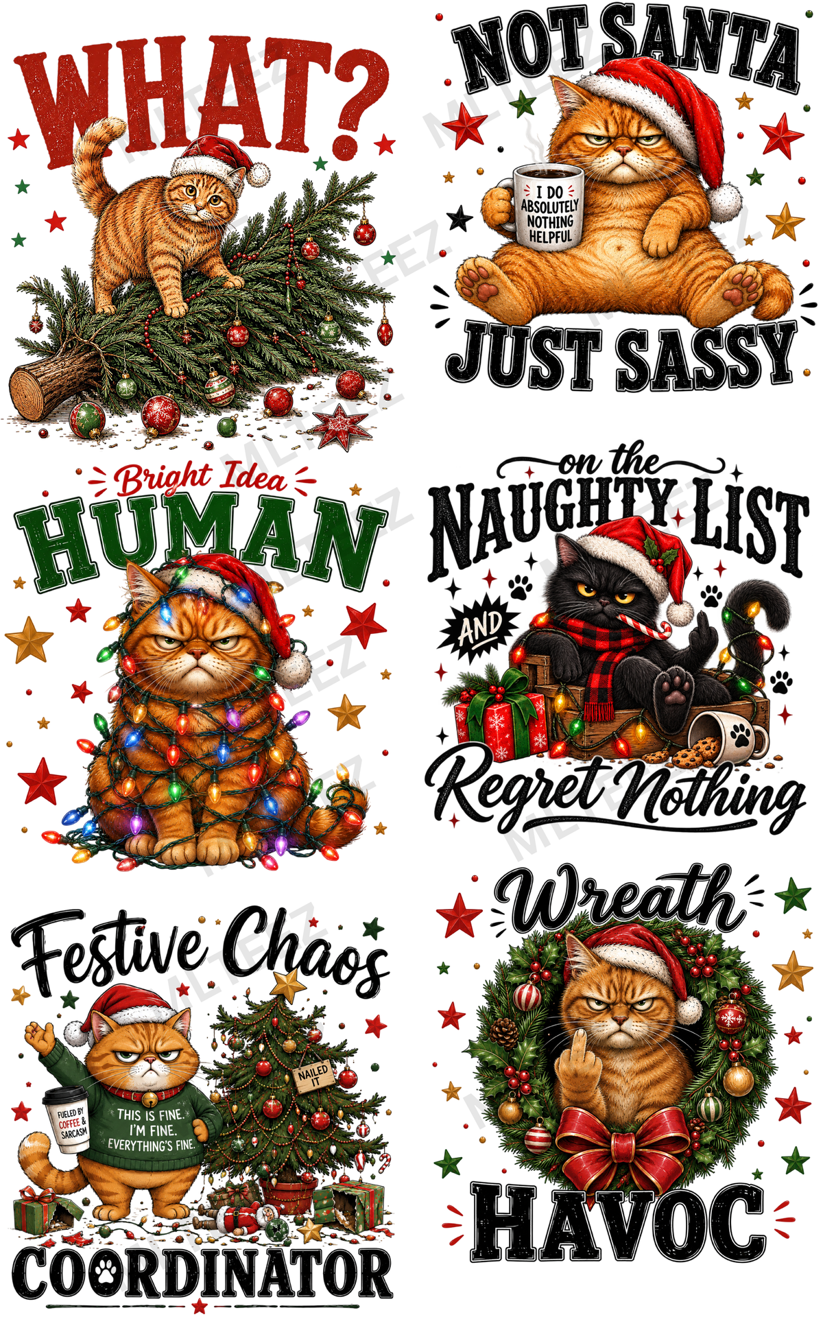 WHAT? CHRISTMAS CATS (1) PREMADE GANGSHEET - 22X36 DTF TRANSFERS - DIRECT TO FILM