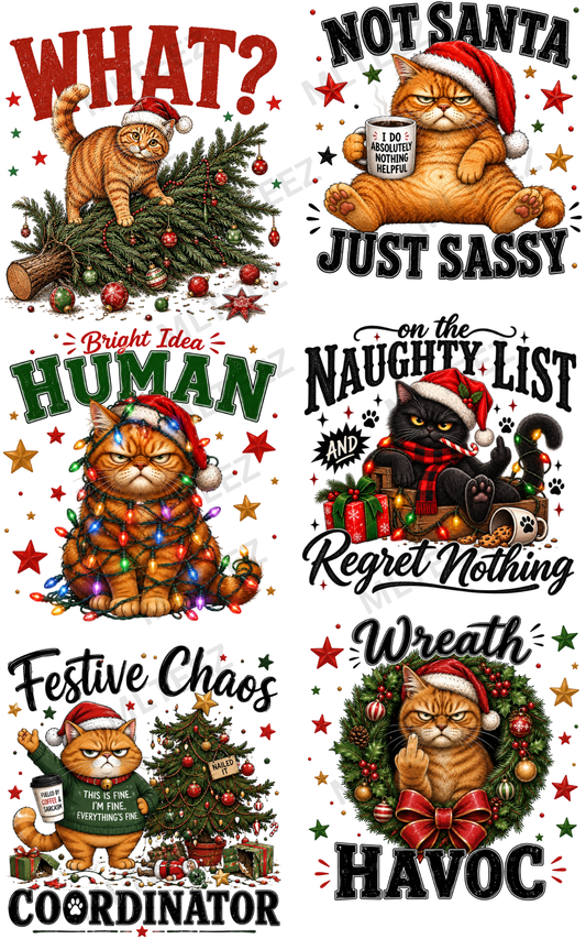 WHAT? CHRISTMAS CATS (1) PREMADE GANGSHEET - 22X36 DTF TRANSFERS - DIRECT TO FILM