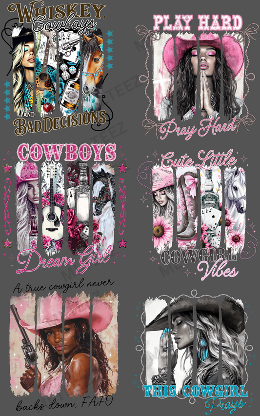 WHISKEY, COWBOYS, AND GOOD DECISIONS PREMADE GANGSHEET - 22X36 DTF TRANSFERS - DIRECT TO FILM