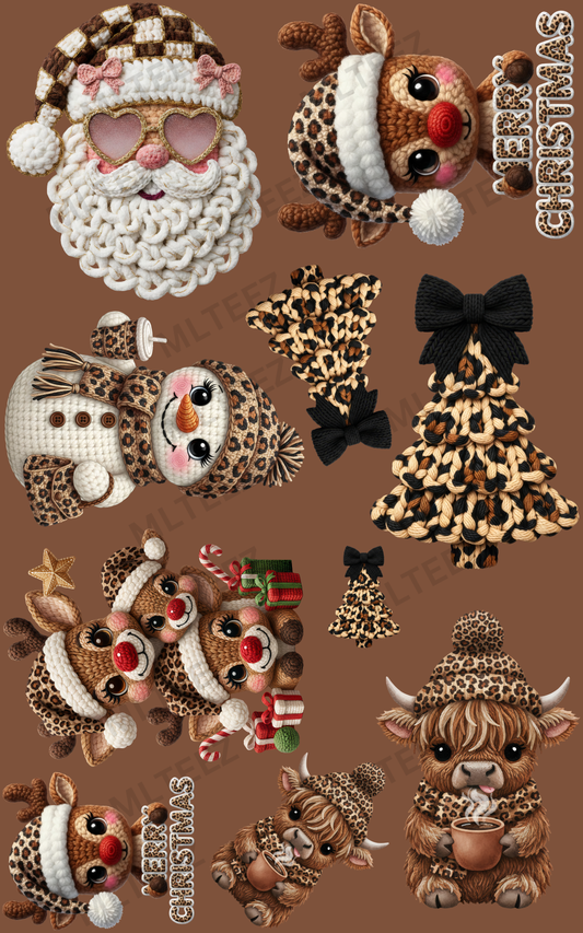 WHITE & BROWN LEOPARD CHRISTMAS (1) PREMADE GANGSHEET - 22X36 DTF TRANSFERS - DIRECT TO FILM