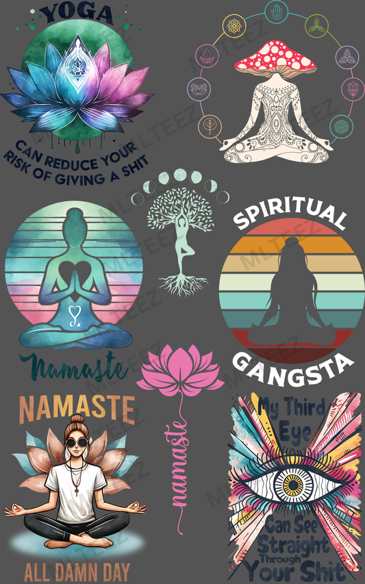 YOGA CAN REDUCE YOUR RISK (1) PREMADE GANGSHEET - 22X36 DTF TRANSFERS - DIRECT TO FILM