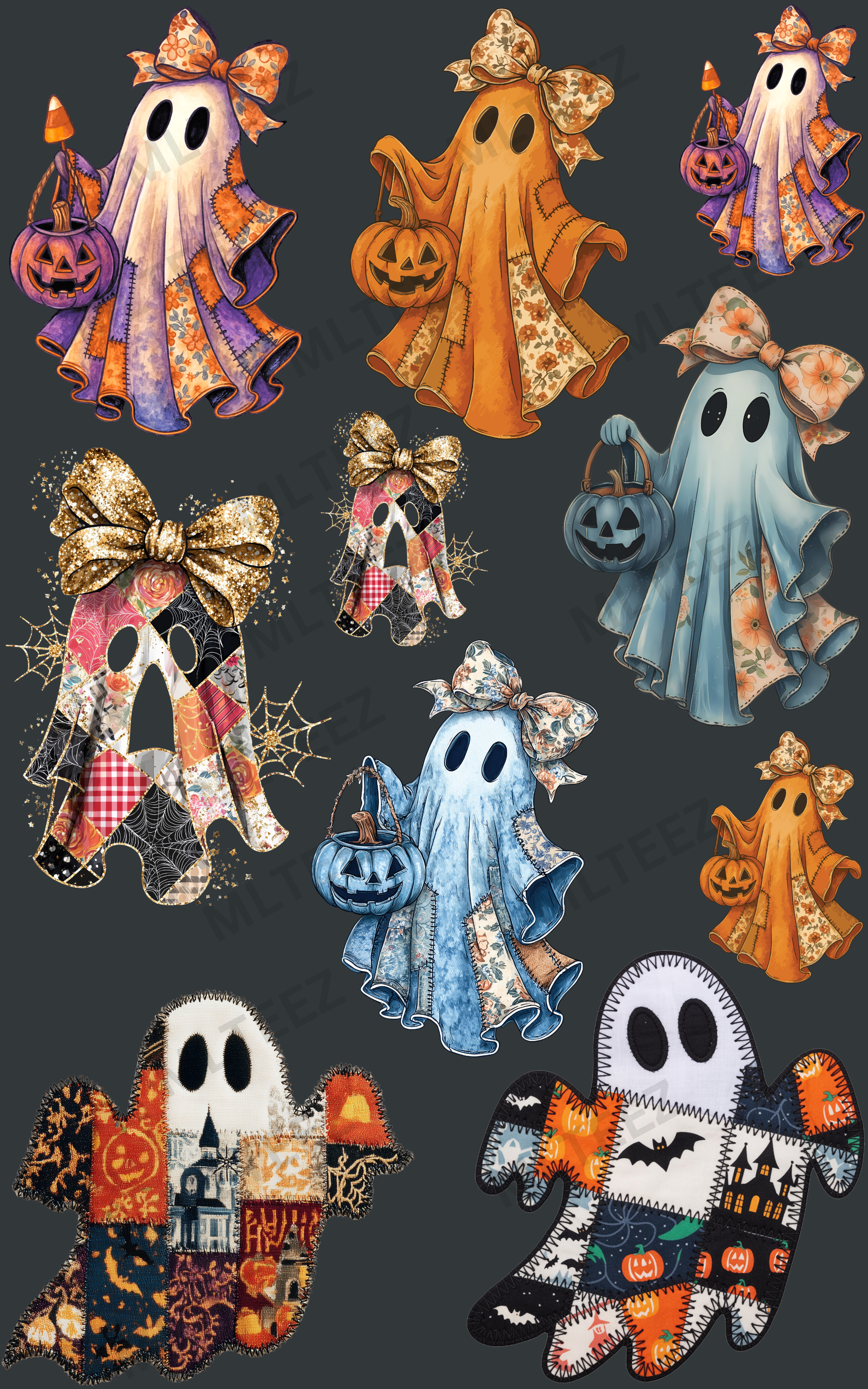 Patchwork Ghost Pattern PATCH WORK GHOSTS (1) PREMADE GANGSHEET - 22X36 DTF TRANSFERS - DIRECT ...