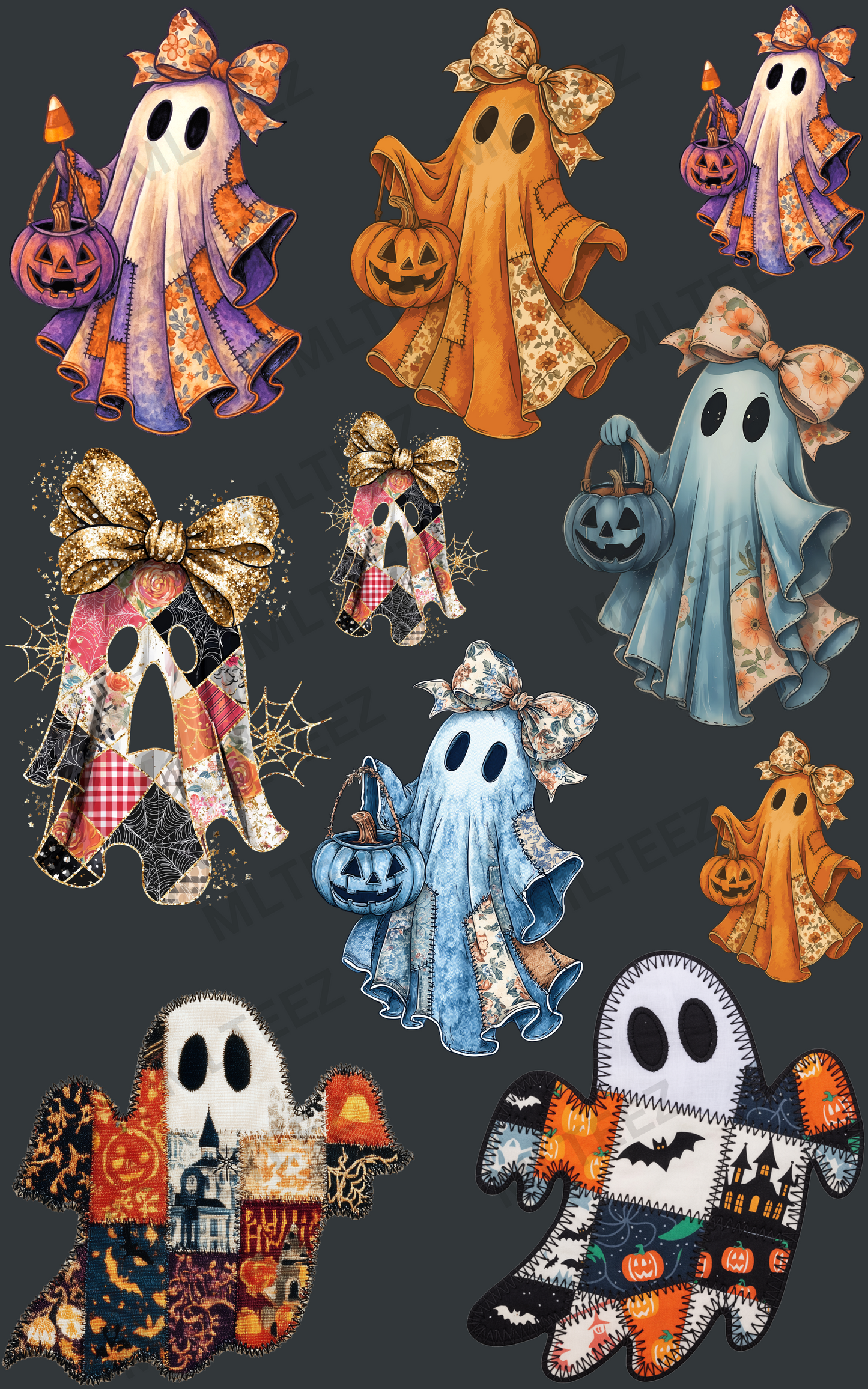 PATCH WORK GHOSTS (1) PREMADE GANGSHEET - 22X36 DTF TRANSFERS - DIRECT TO FILM