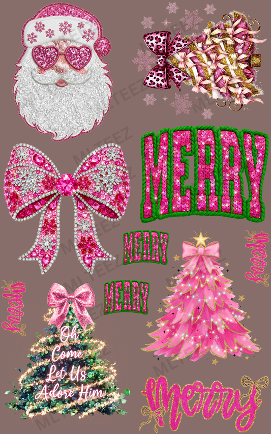 PINK FAUX GLITTER CHRISTMAS (2) PREMADE GANGSHEET - 22X36 DTF TRANSFERS - DIRECT TO FILM