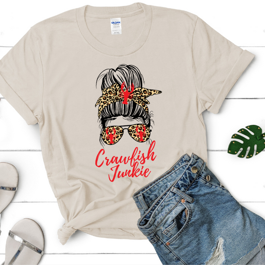 Crawfish Junkie Shirt, Messy Bun shirt, crawfish mom, mudbug shirt, crawfish boil